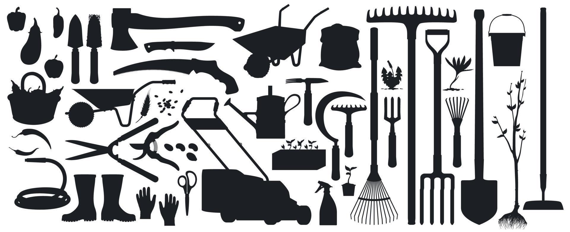 jardinagem, ferramentas agrícolas, silhuetas de instrumentos vetor