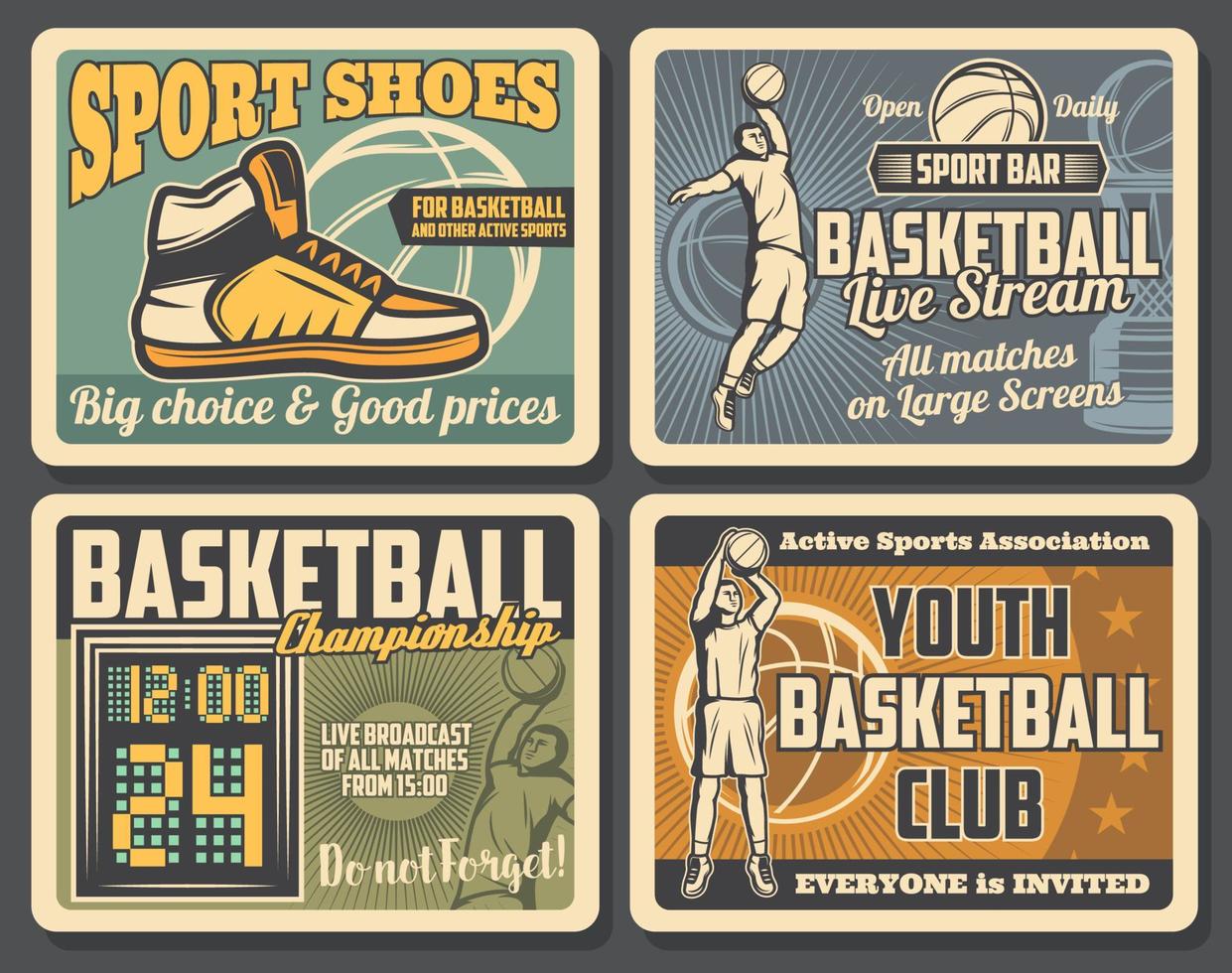 clube esportivo de basquete, cartaz retrô de loja de equipamentos vetor