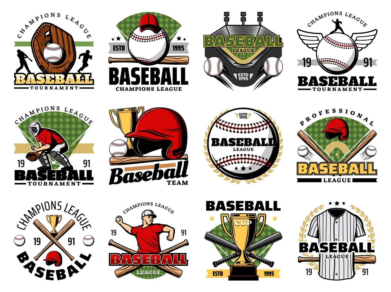 jogadores de esporte de beisebol, bolas, morcegos e taça de troféu vetor