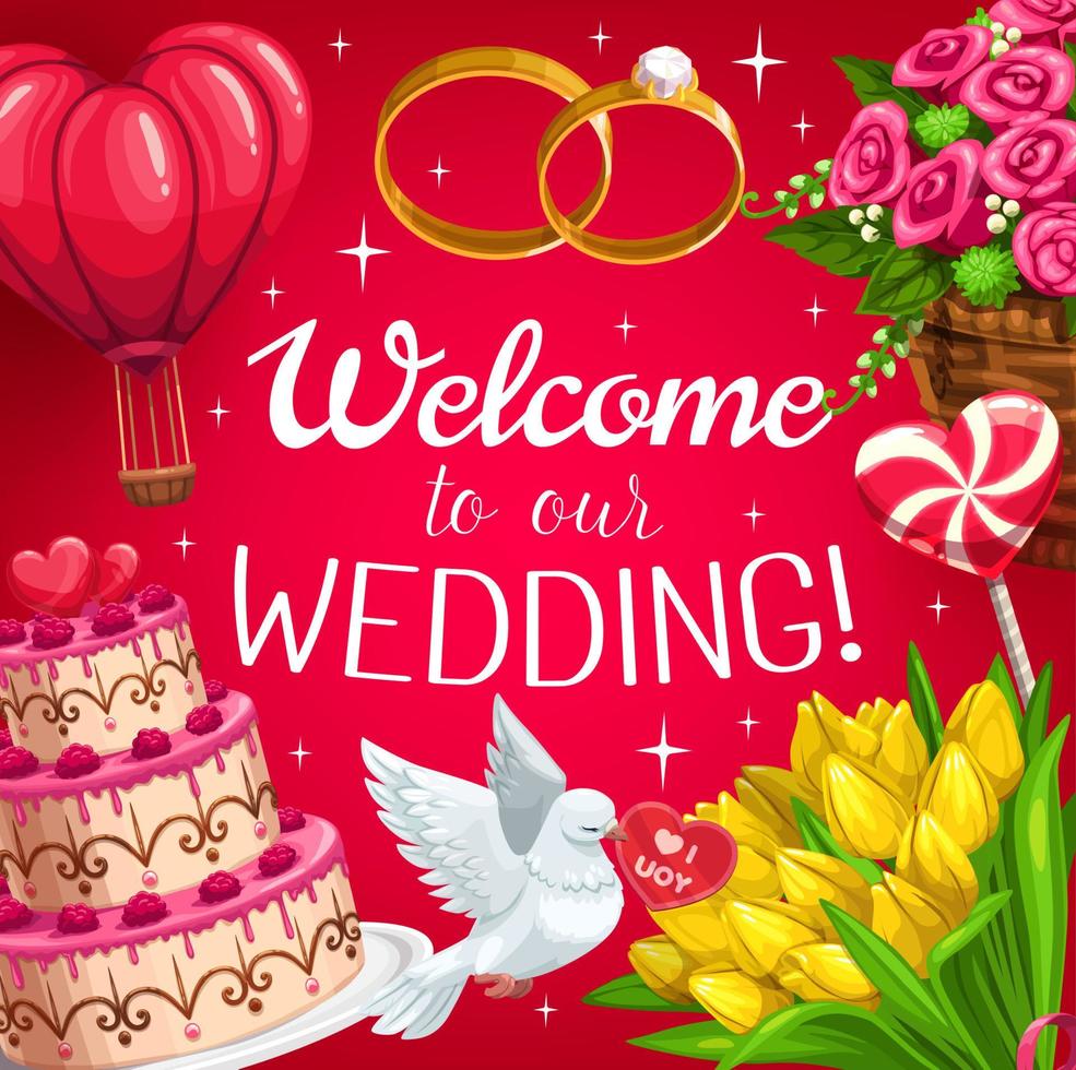 bolo de casamento, corações vermelhos, anéis de noiva e noivo vetor