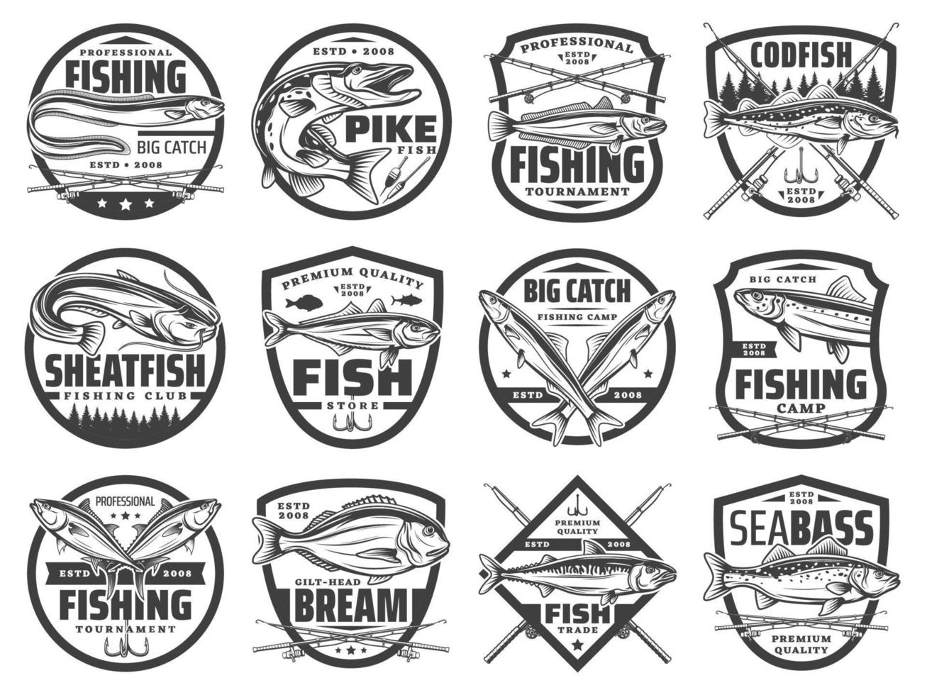 varas de pesca, peixes e anzóis. clube de pescadores vetor