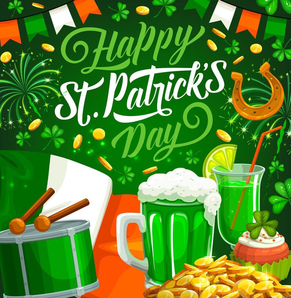 dia de patricks trevos verdes irlandeses, cerveja, moedas de ouro vetor
