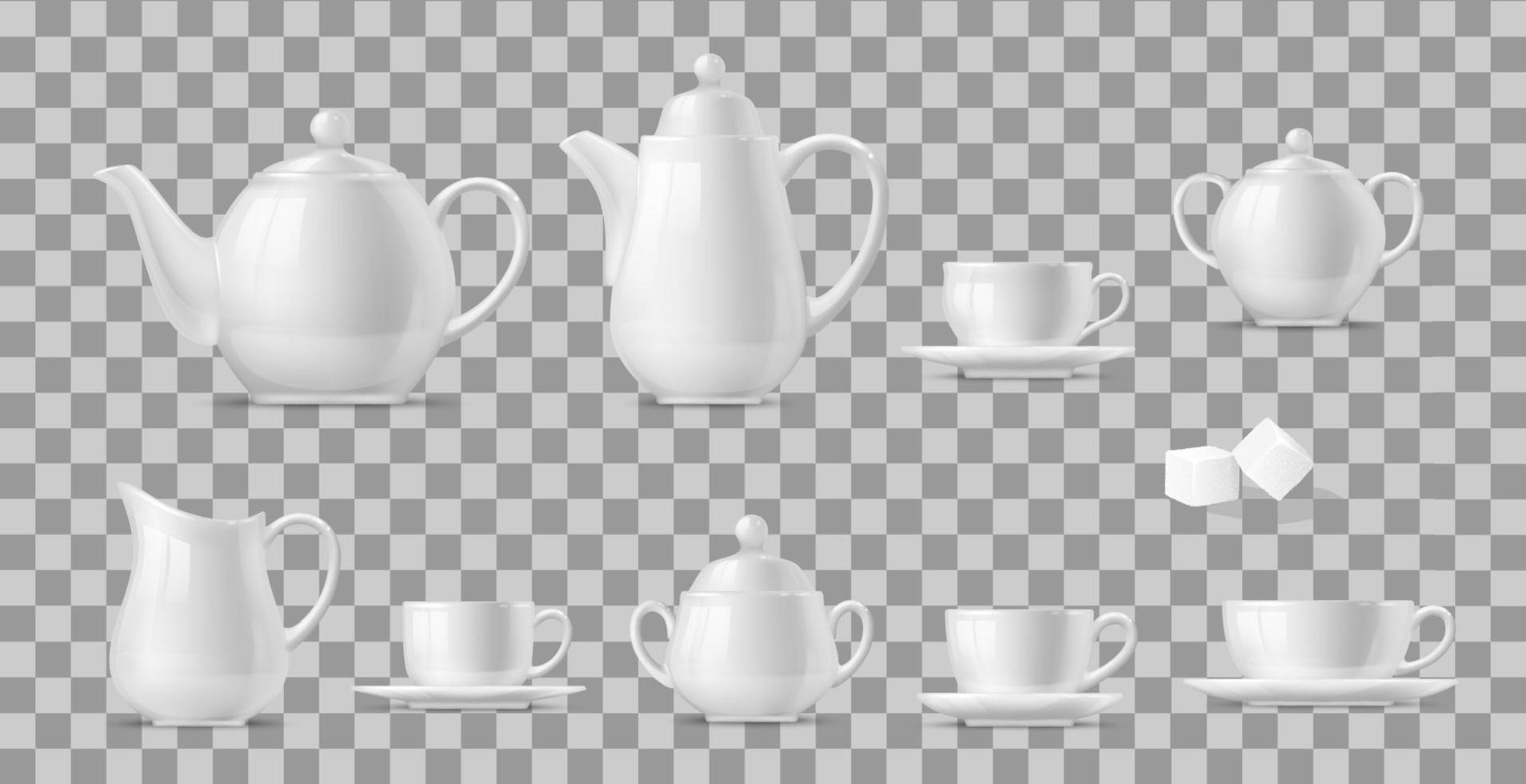 conjunto realista de xícaras e bules de chá e café vetor