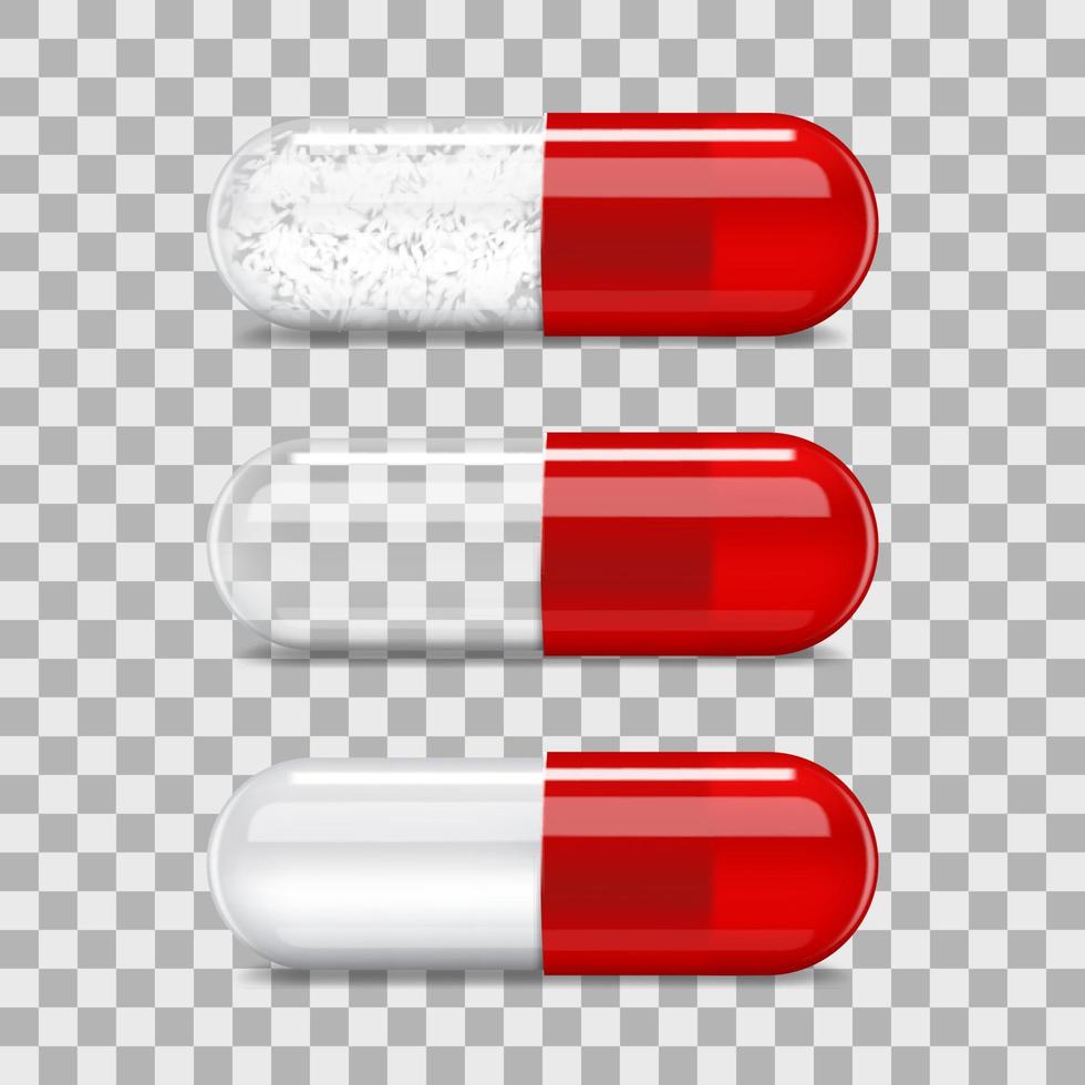 maquete realista 3d de cápsula de pílula transparente vermelha vetor