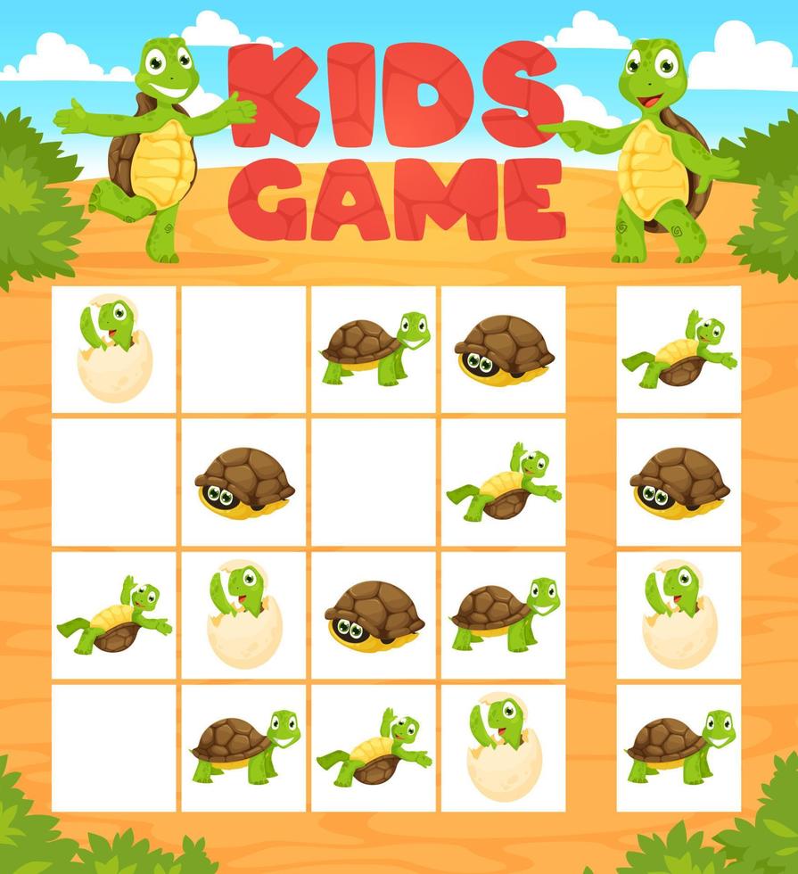 jogo de sudoku com personagens de animais de tartaruga de desenho animado vetor