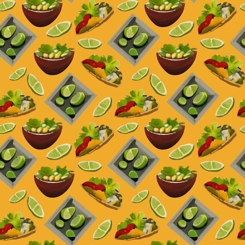 padrão com pratos tradicionais mexicanos. taco, burrito, limão. padrão sem emenda no estilo cartoon. vetor