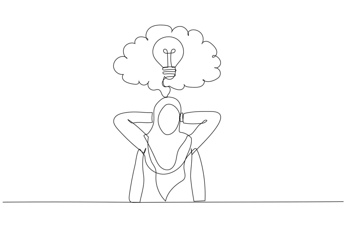 desenho animado da empresária muçulmana sentada na cadeira do escritório em frente a uma parede com pensamento de nuvem estilo de arte de linha única vetor