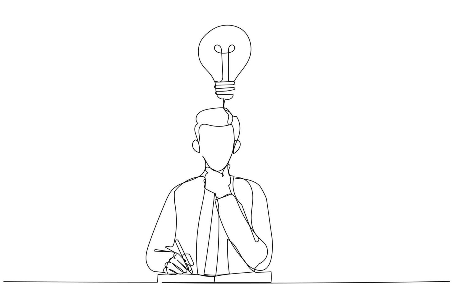desenho animado do empresário pensando em ideias produtivas sentado no laptop e bloco de notas para anotações. estilo de arte de uma linha vetor