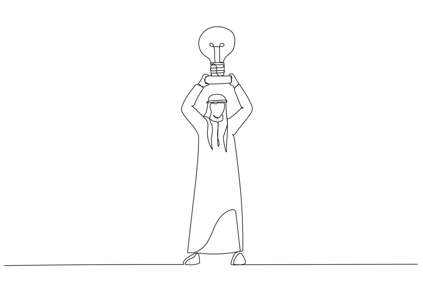 ilustração das mãos do empresário árabe leva um copo de troféu que se parece com uma lâmpada no pedestal. estilo de arte de linha contínua única vetor