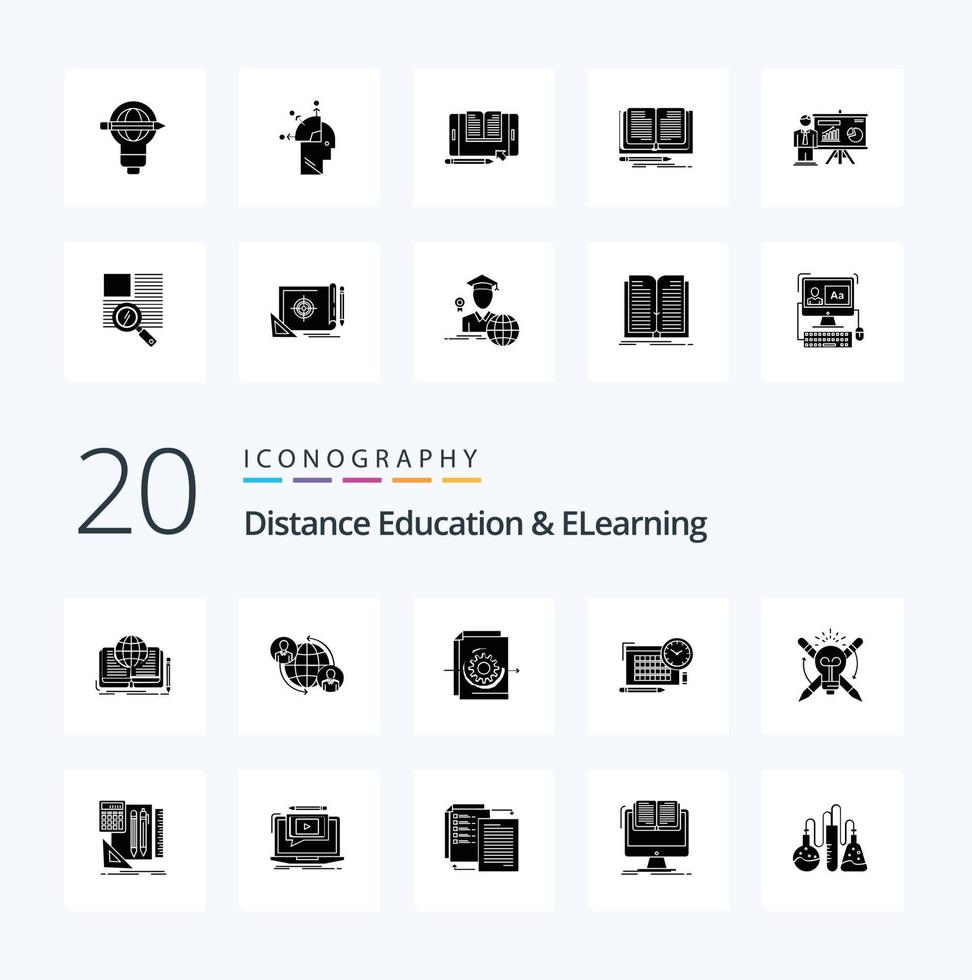 20 pacotes de ícones de glifo sólido para educação a distância e e-learning, como arquivo de foco, engrenagem de tempo na Internet vetor