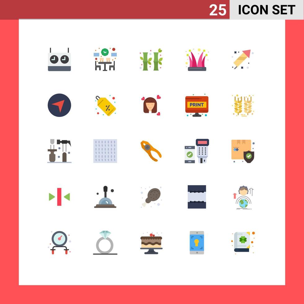 conjunto de cores planas de interface móvel de 25 pictogramas de fogos de artifício palhaço palhaço elementos de design de vetores editáveis