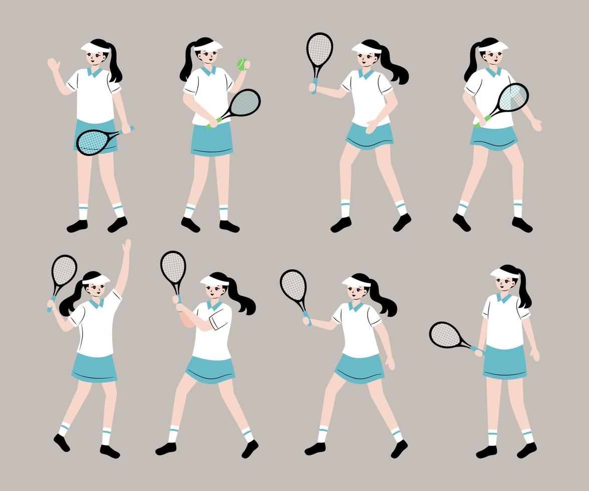 mulher jogando coleção de personagem de desenho animado de tênis vetor