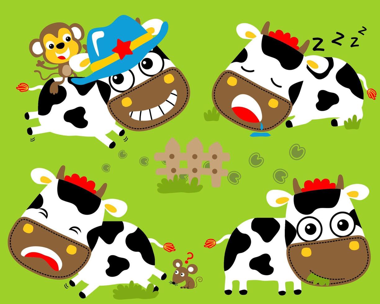 conjunto vetorial de desenhos animados engraçados de vaca com macaco e rato em atividades diferentes, desenhos animados de elementos de fazenda vetor