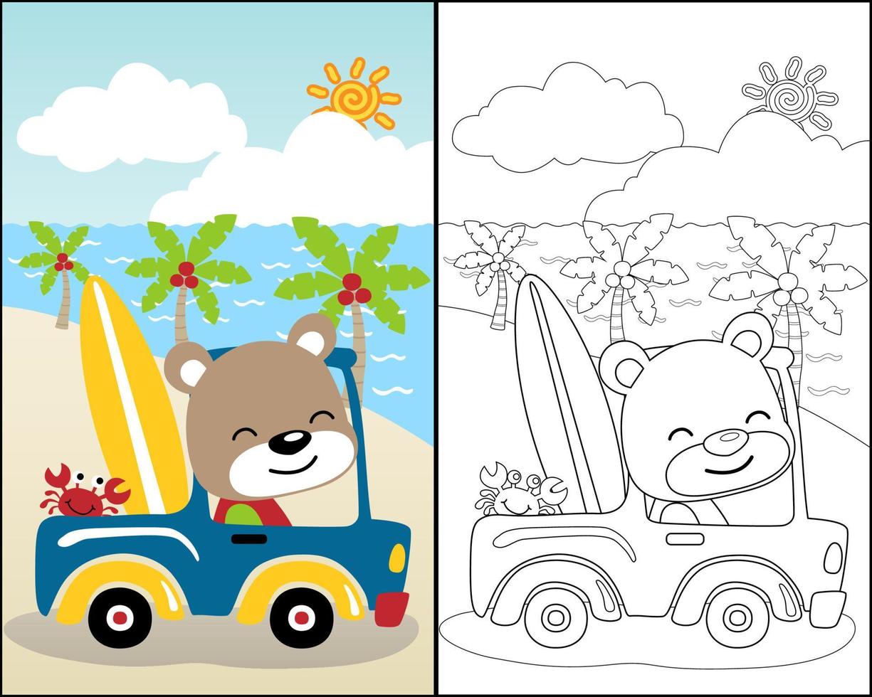 desenho animado de urso engraçado com caranguejo no carro carregando prancha de surf na praia nas férias de verão vetor