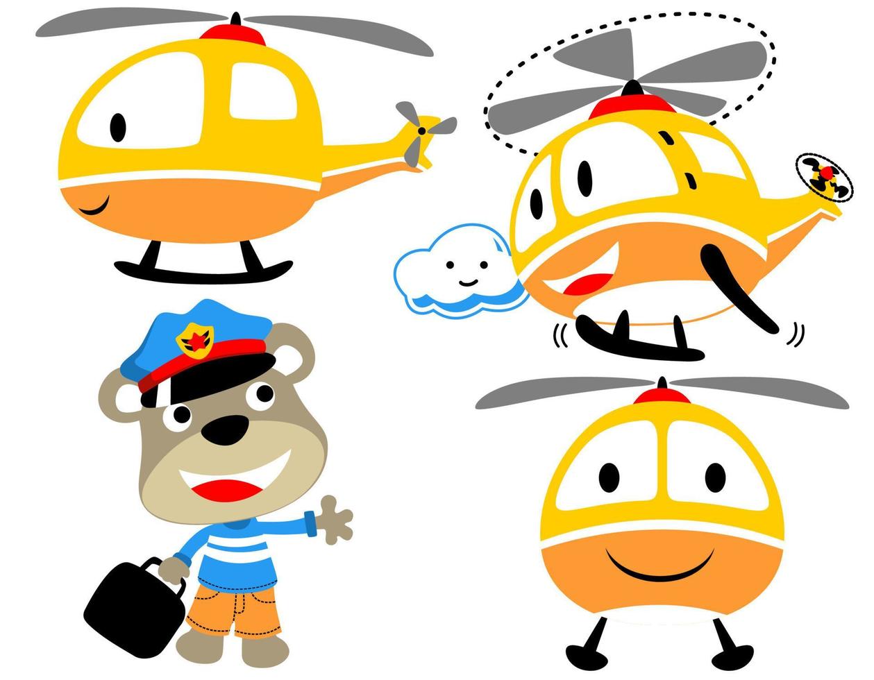 conjunto vetorial de desenho animado de helicóptero engraçado com ursinho em fantasia de piloto vetor