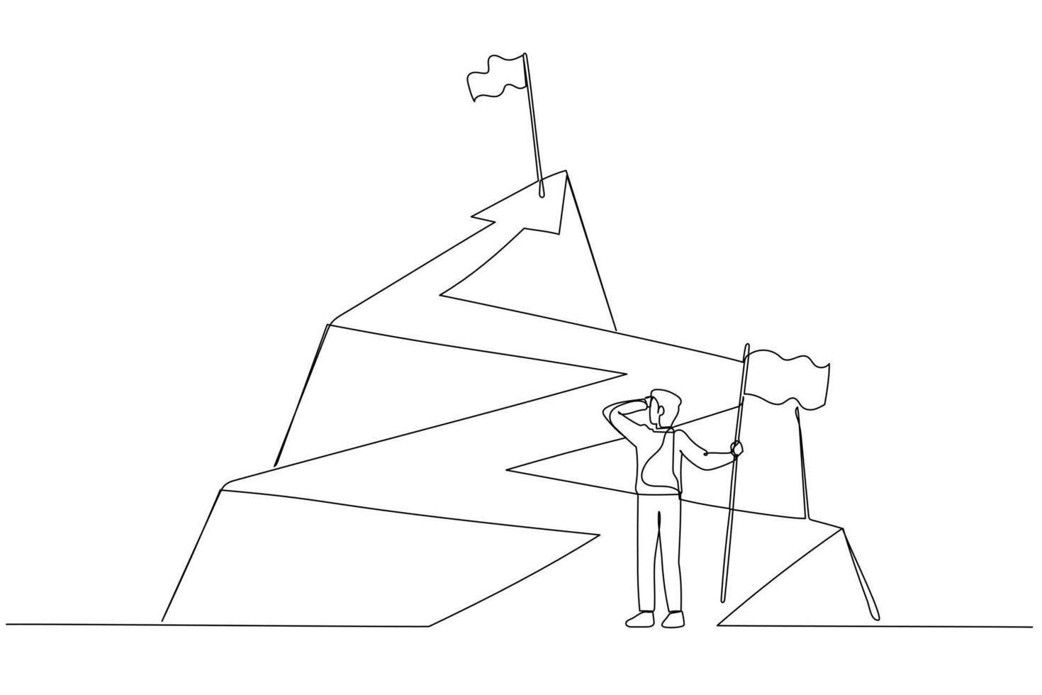 ilustração de empresária com bandeira olhando para a bandeira do topo da seta. estilo de arte de linha única vetor