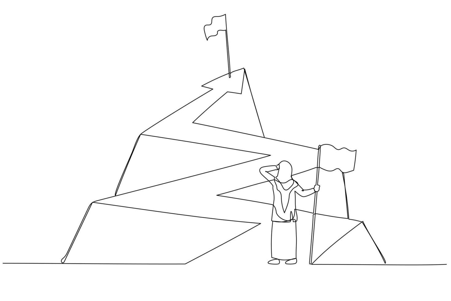 ilustração de muçulmana empreendedora com bandeira olhando para a bandeira do topo da seta. estilo de arte de linha única vetor