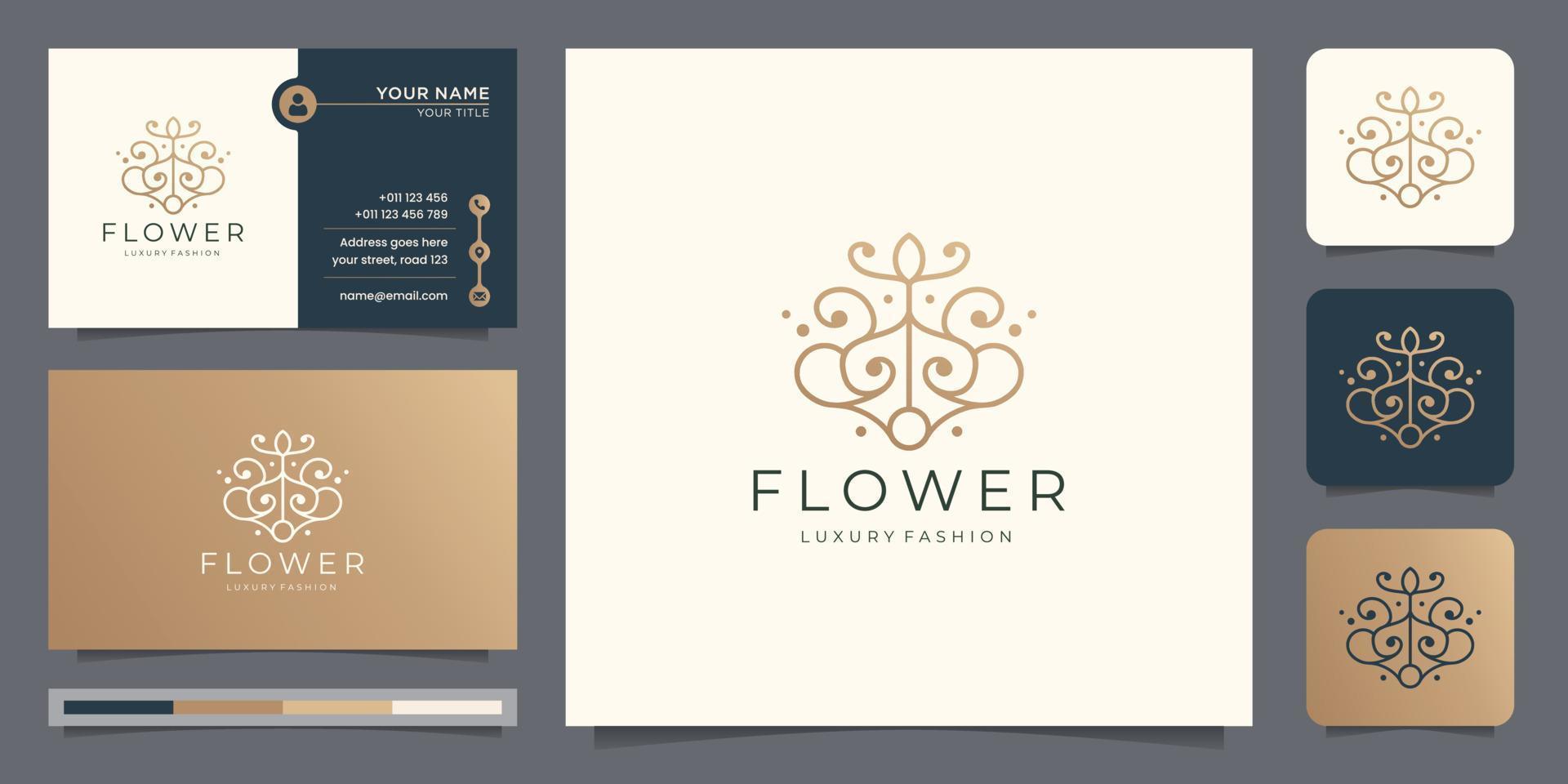 logotipo de estilo de linha abstrata de flor criativa com modelo de cartão de visita. logotipo floral de moda de luxo. vetor