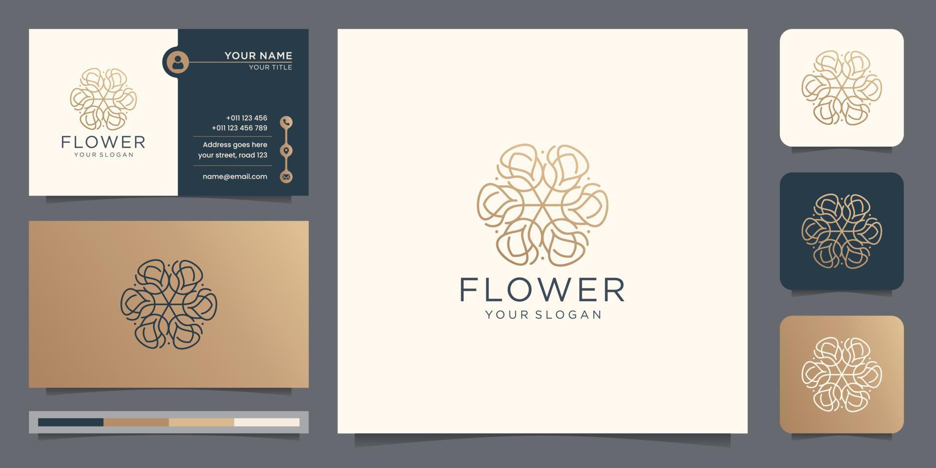 conceito de estilo de design de logotipo rosa de flor de arte de linha fina de luxo com modelo de cartão de visita. vetor