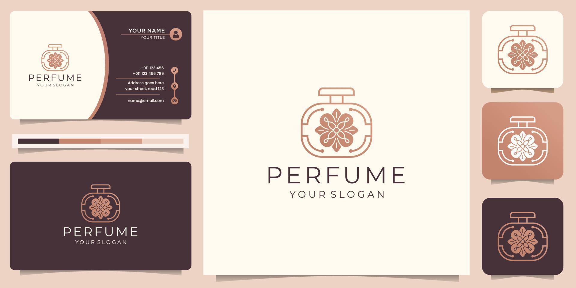 design de luxo para modelo de logotipo de perfume. logotipo para salão de beleza, cuidados com a pele, com cartão de visita. vetor