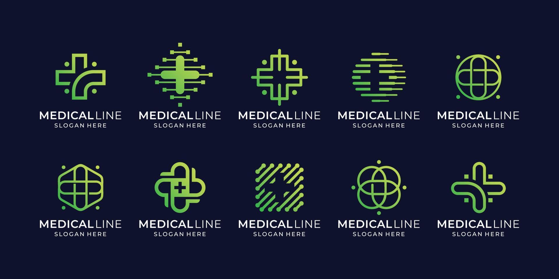 coleção de design de logotipo de linha médica abstrata. saúde cruzada, logotipo de pulso, estilo de arte de linha médica. vetor