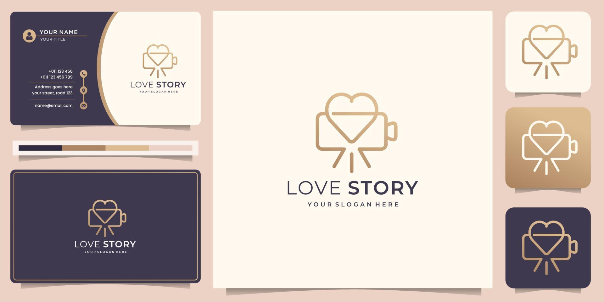 logotipo mínimo da câmera com design de coração de amor. história de amor, logotipo, cinema, cor dourada. vetor