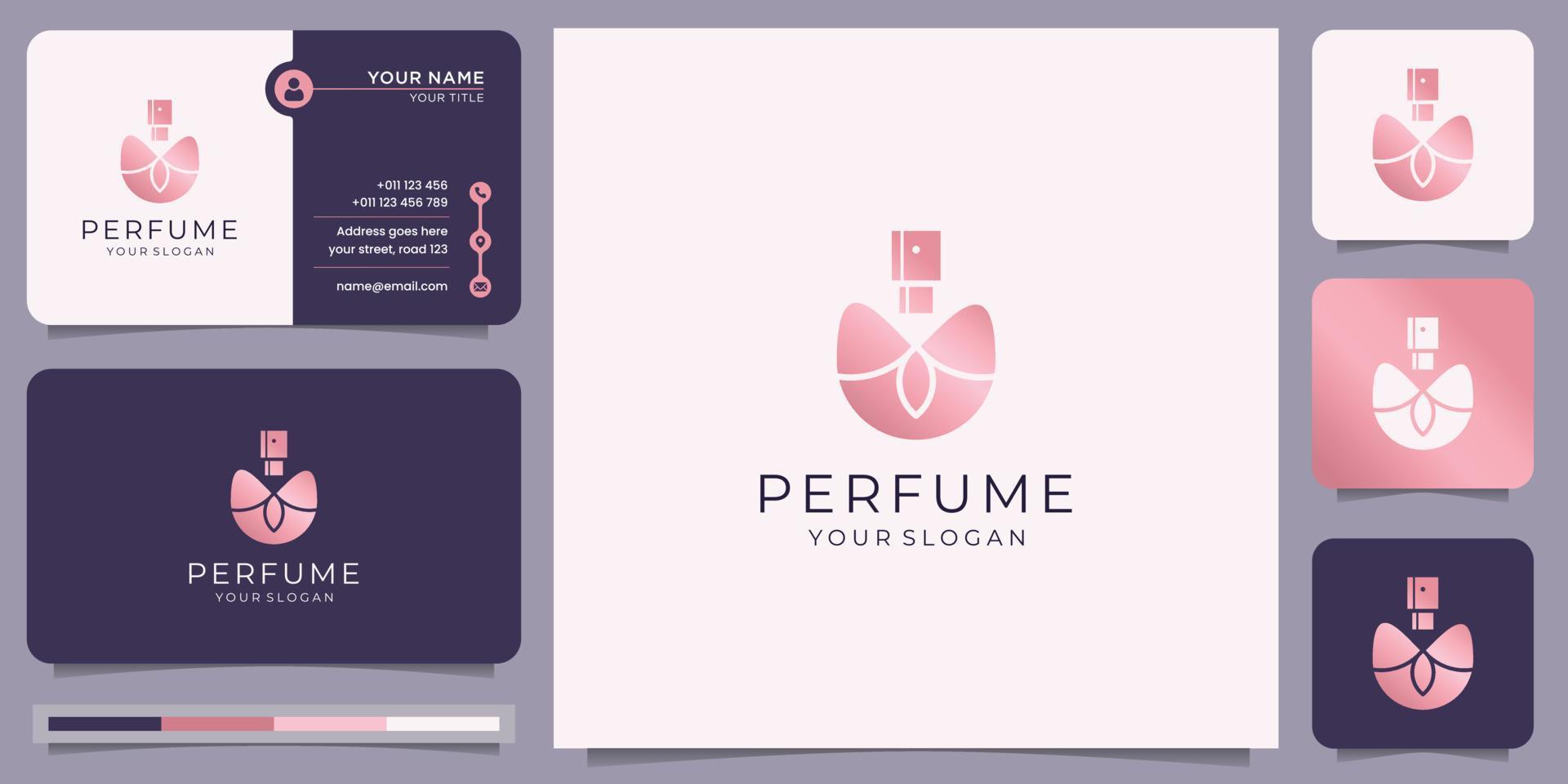 inspiração de frasco de perfume de ouro rosa. modelo de design de logotipo e cartão de visita para moda feminina. vetor
