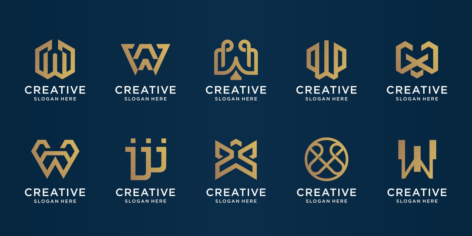 conjunto de logotipo template.icons inicial de monograma de ouro criativo w para negócios, cosméticos, spa, tecnologia, inspiração, ilustração. vetor premium