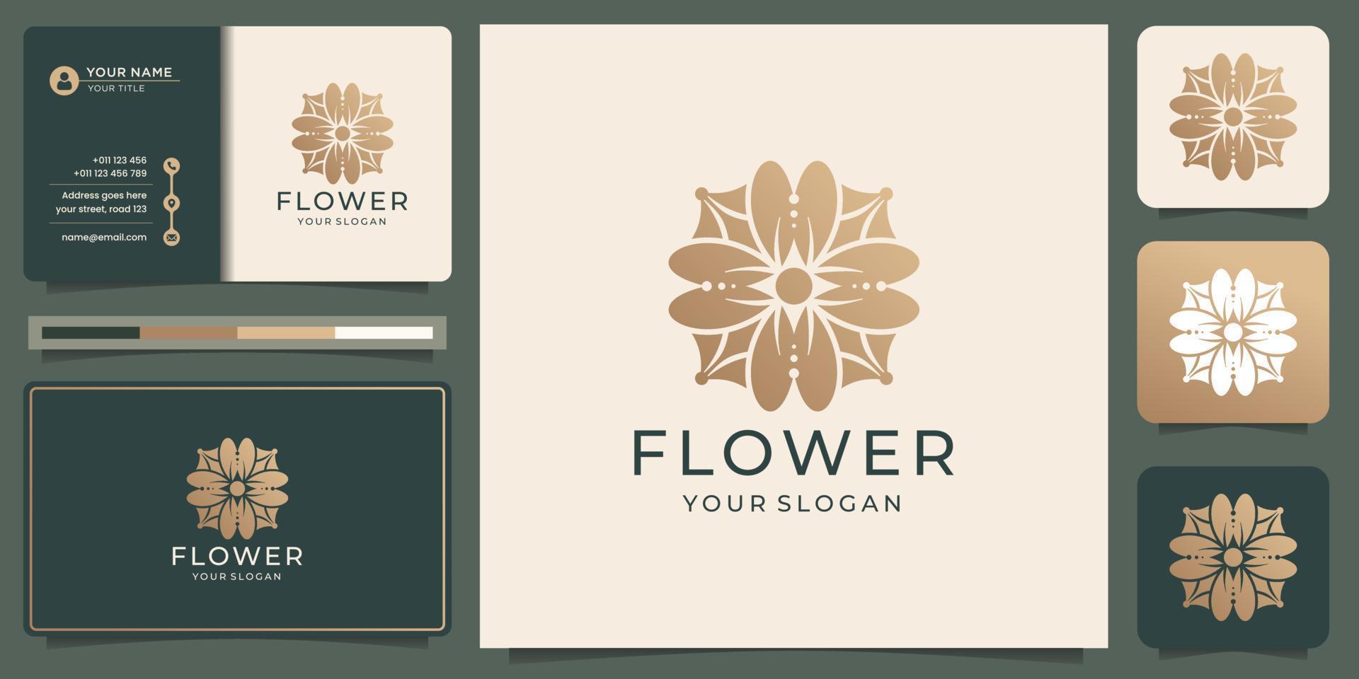 modelo de design de logotipo de flor de luxo com cartão de visita. cor dourada, floral, abstrata, logotipo de beleza. vetor