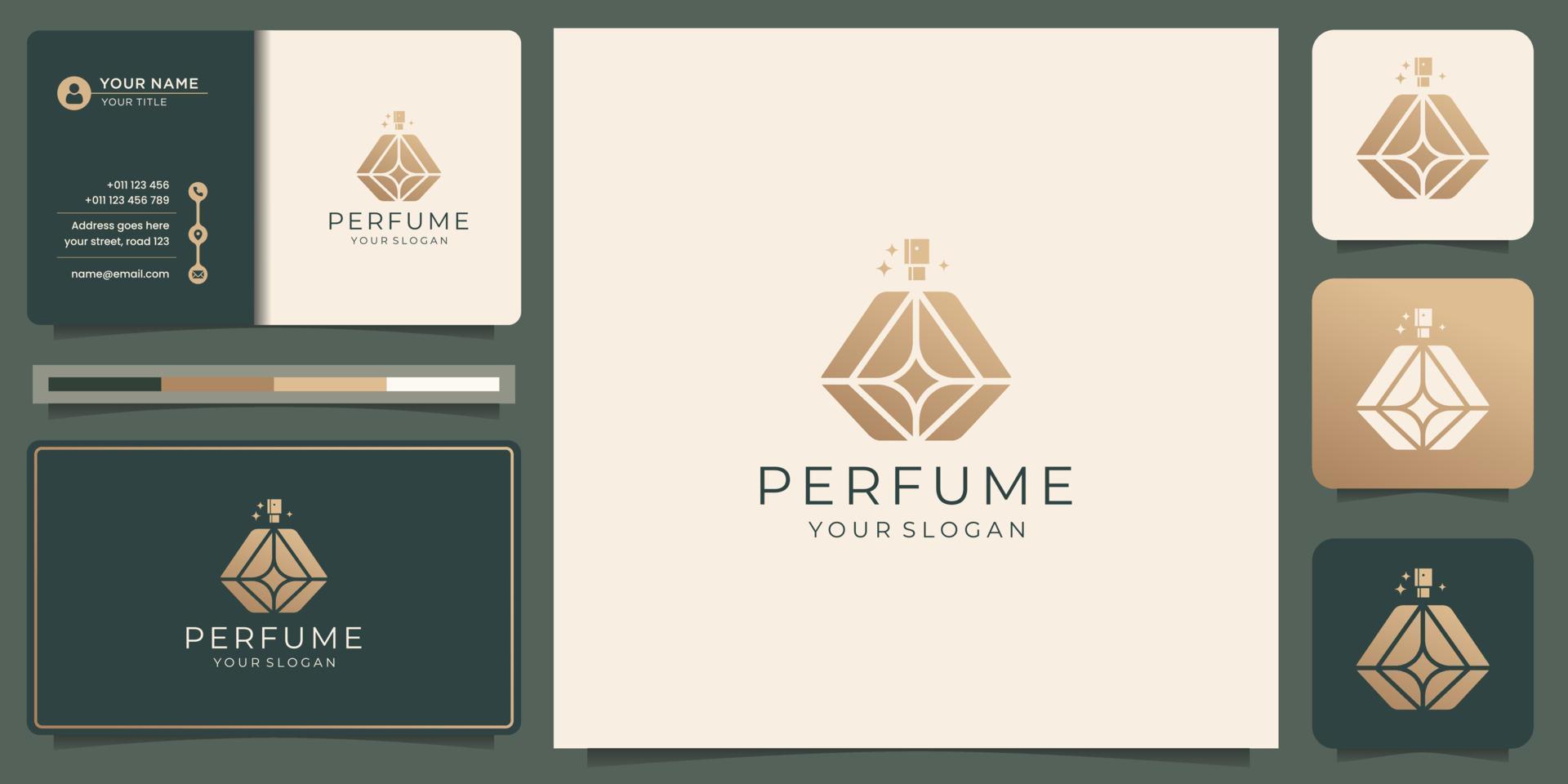 modelo de logotipo de spray de perfume de design de luxo. logotipo para salão de beleza, cuidados com a pele, com cartão de visita. vetor