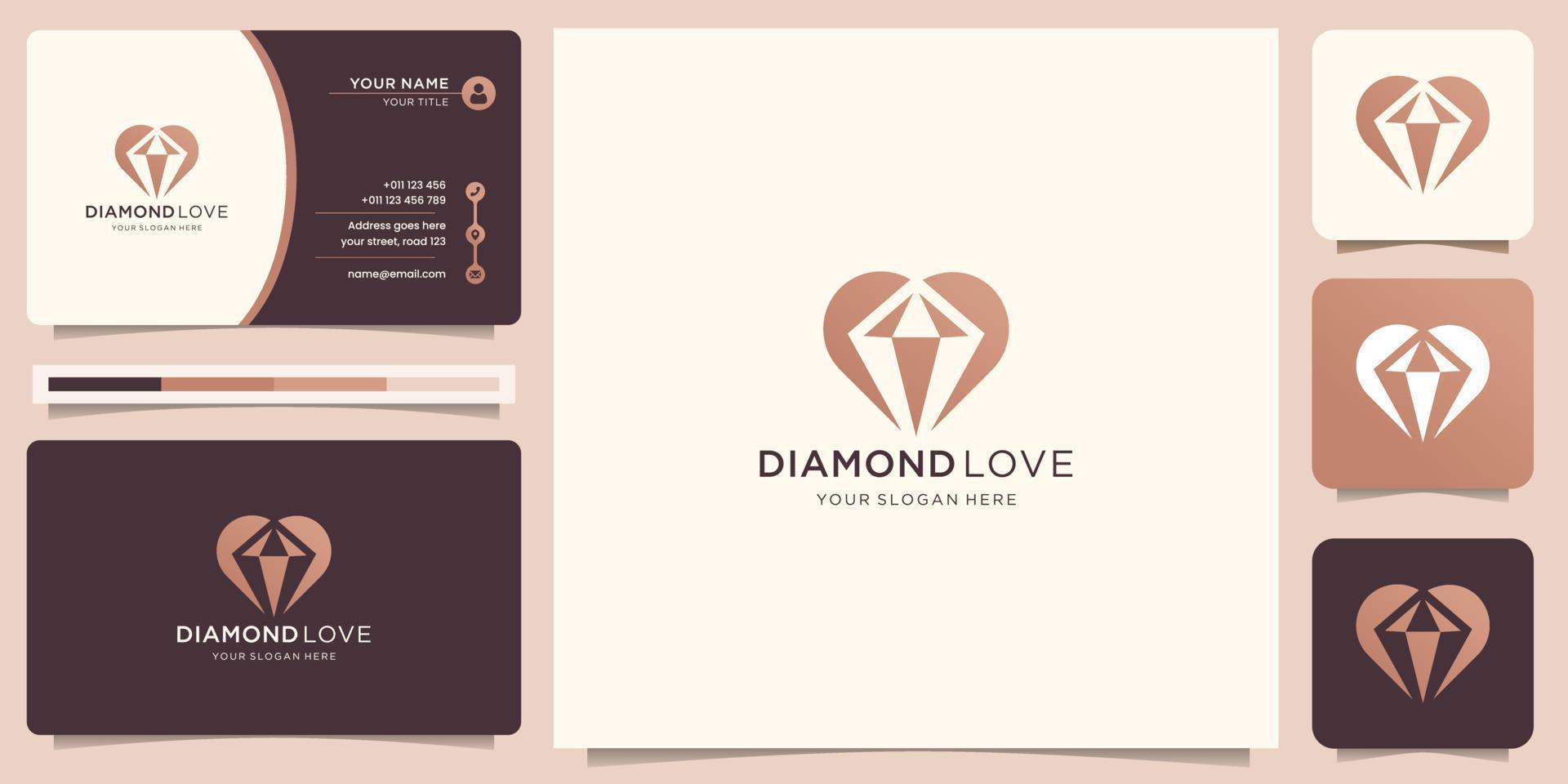 logotipo de diamante criativo e modelo de design de amor em estilo de forma negativa com layout de cartão de visita. vetor