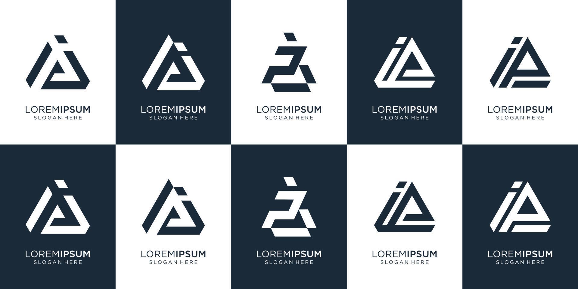 conjunto de combinação de design de logotipo letra p e letra i no espaço do triângulo. ícone para empresa de negócios, construção, consultoria, moderna. vetor premium