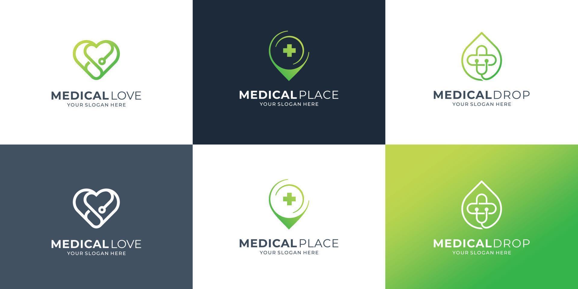 conjunto de logotipo médico criativo template.medical amor, localização, gota. conjunto moderno de marca de logotipo médico vetor