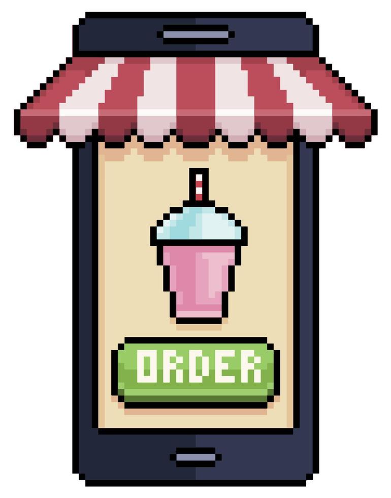 pixel art celular pedindo milk-shake no ícone de vetor de aplicativo de comida para jogo de 8 bits em fundo branco