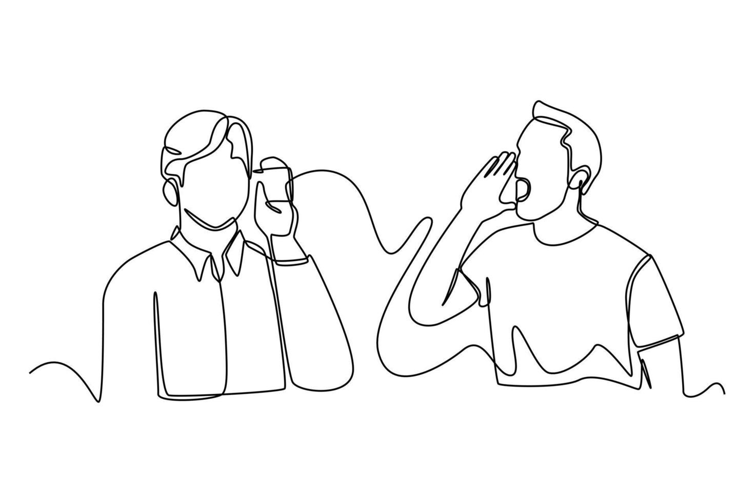 homem de desenho contínuo de uma linha gritando em telefone de lata. conceito de comunicação. única linha desenhar design gráfico ilustração vetorial. vetor