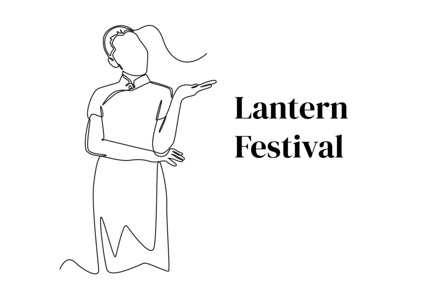 desenho contínuo de uma linha feliz jovem mulher asiática em roupas tradicionais chinesas celebra o festival das lanternas. conceito de festival de lanternas. única linha desenhar design gráfico ilustração vetorial. vetor