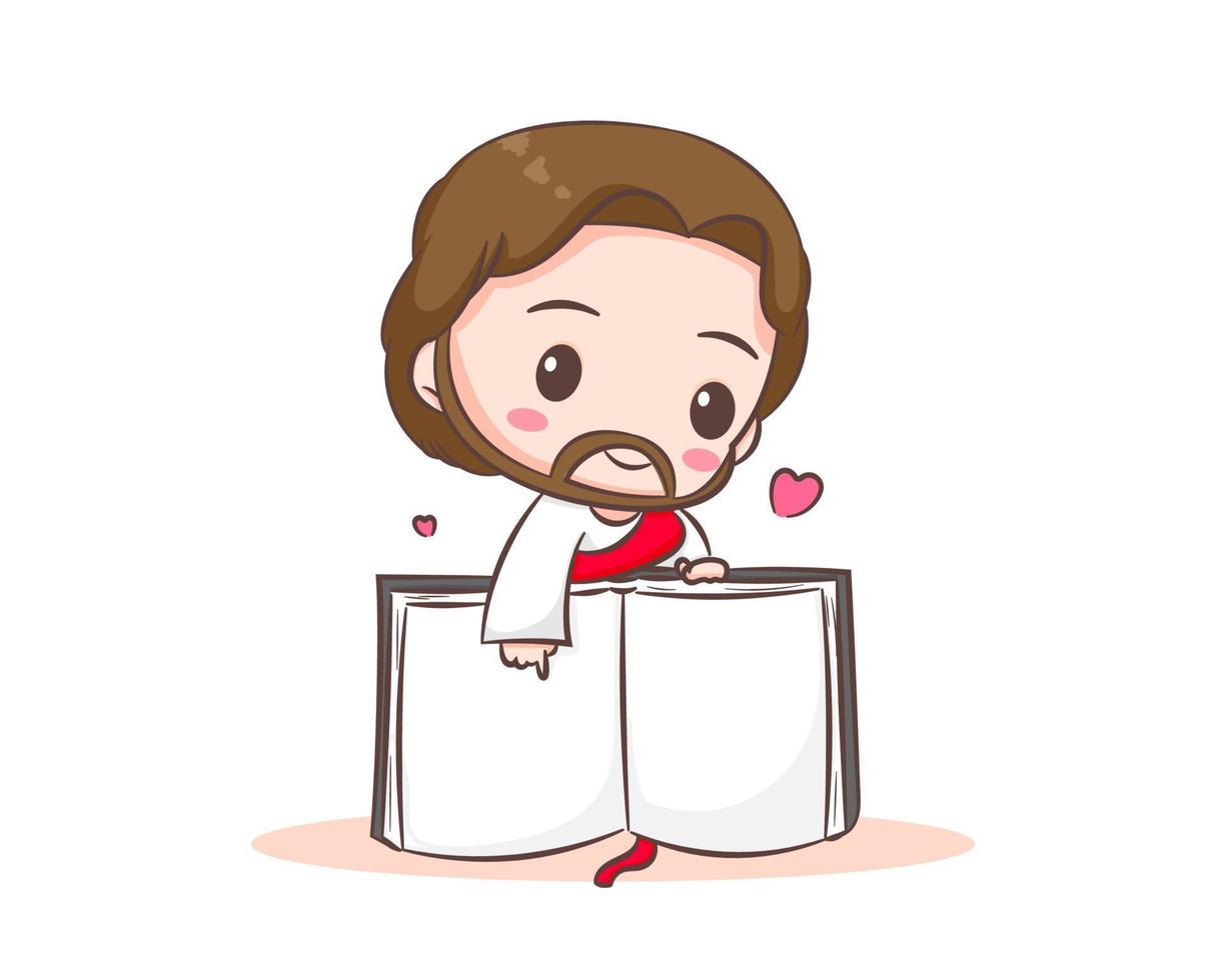 fofo jesus cristo apontando o personagem de desenho animado da bíblia. personagem chibi desenhado à mão, clip-art, adesivo, fundo branco isolado. bíblia cristã para crianças. ilustração de arte vetorial de ícone de logotipo de mascote vetor