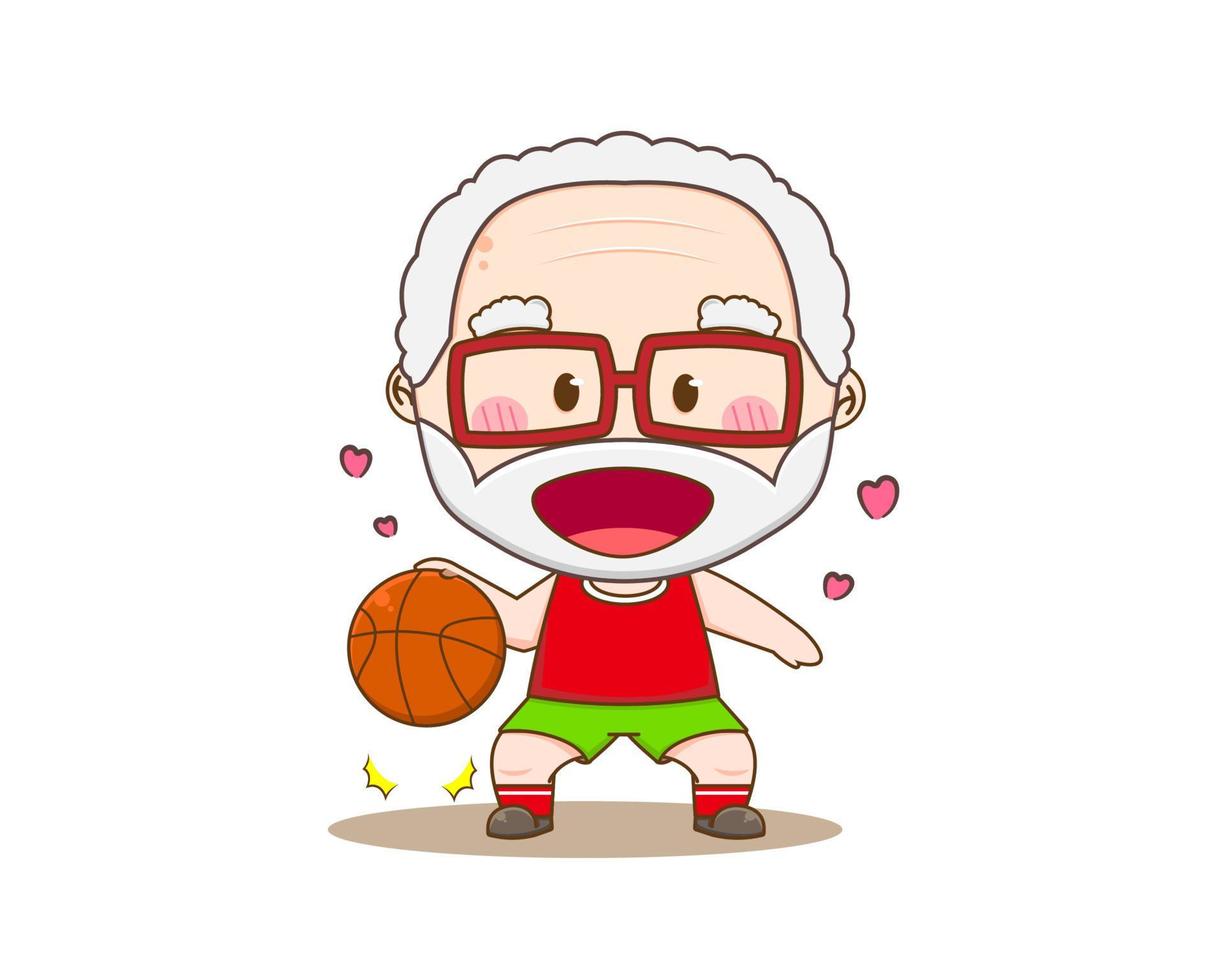 personagem de desenho animado do vovô fofo. avô jogando ilustração de chibi de basquete. vetor