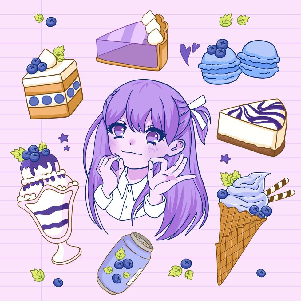 conjunto de sobremesa de mirtilo e personagem de anime kawaii. sorvete, bolo de queijo, refrigerante, macarons, ilustração em vetor estilo desenho animado de bolo