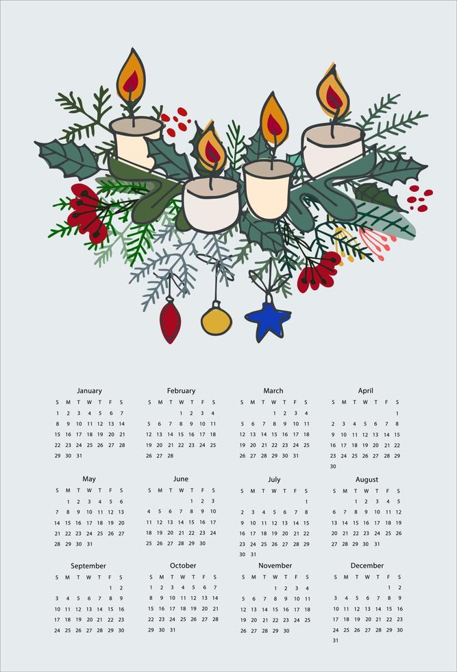 modelo de vetor de calendário para o ano de 2023 com flores silvestres desenhadas à mão em fundo azul