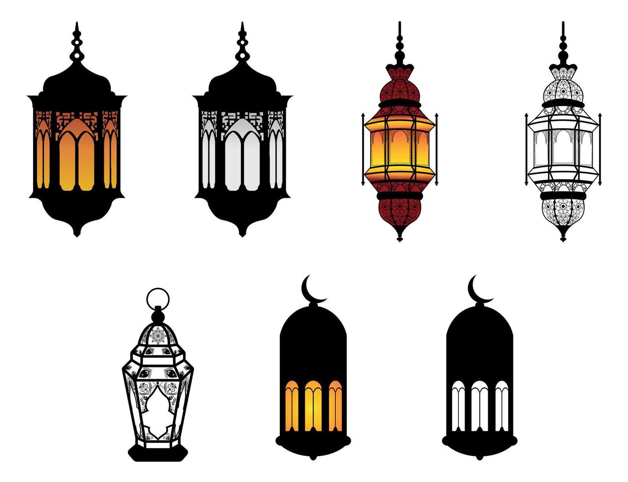 conjunto de lanternas decorativas vintage árabes, ilustrações de lâmpadas islâmicas do eid do ramadã vetor