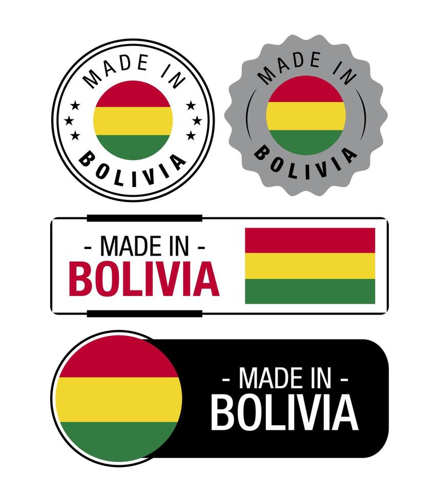 conjunto de rótulos feitos na bolívia, logotipo, bandeira da bolívia, emblema de produto da bolívia vetor