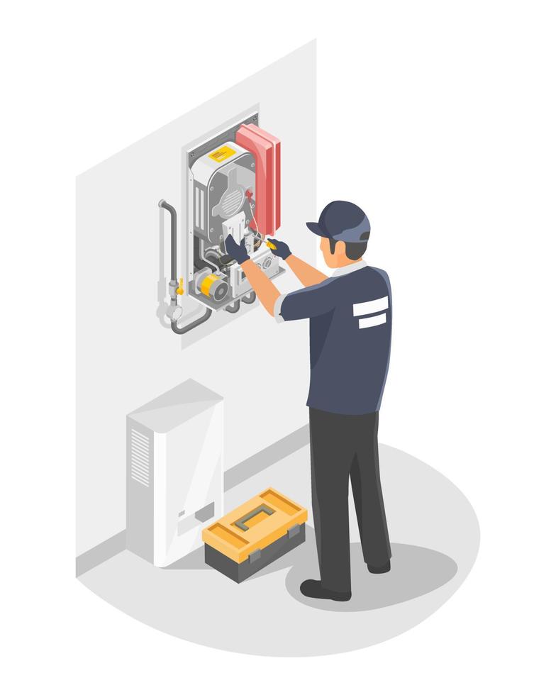 reparação e manutenção de técnico de aquecedor de água ou instalação de vetor isolado isométrico de serviço doméstico