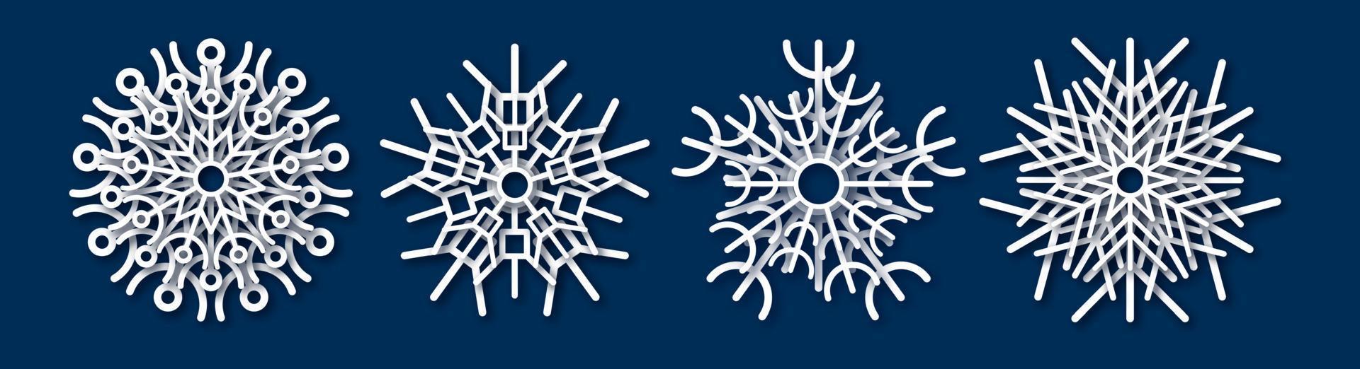 floco de neve de corte de papel. conjunto de quatro flocos de neve brancos sobre fundo azul. elementos de decoração de natal e ano novo. ilustração vetorial vetor