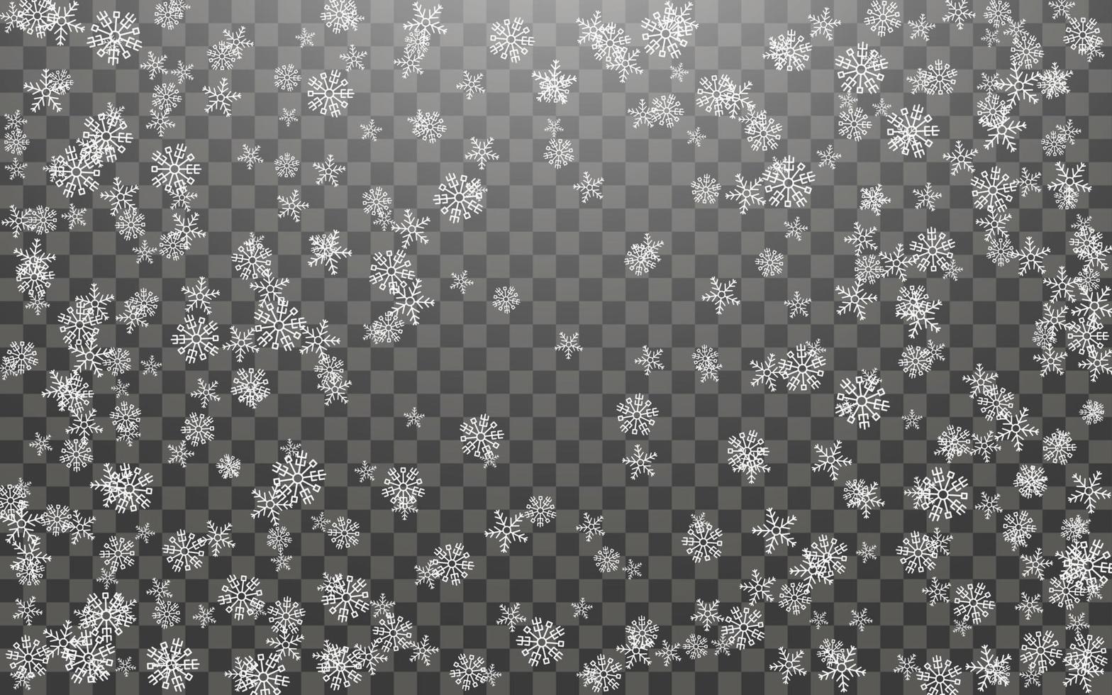 queda de neve e flocos de neve caindo no fundo escuro e transparente. flocos de neve brancos e neve de natal. ilustração vetorial vetor