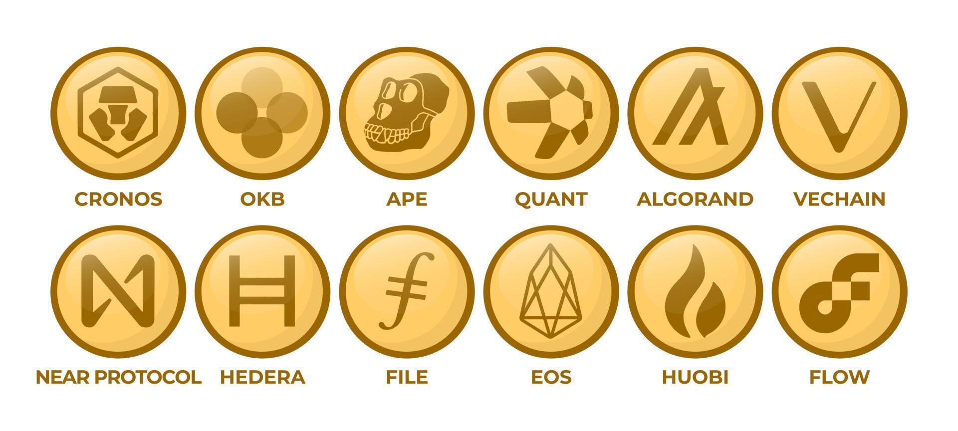 conjunto de moedas de logotipo de criptomoeda cronos, okb, macaco, quant, algorand, vechain, protocolo próximo, hedera, arquivo, eos, token huobi, fluxo vetor