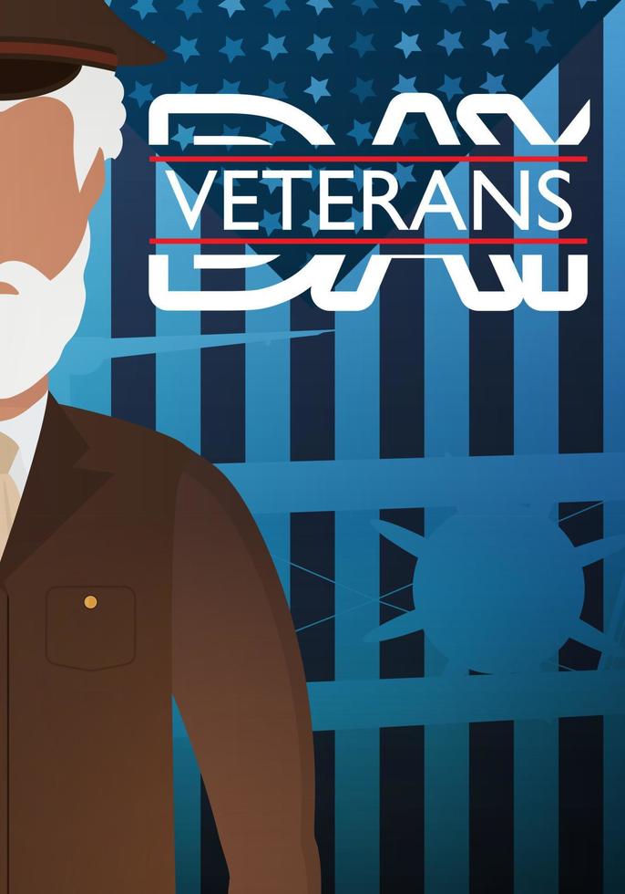 cartão postal do dia dos veteranos. um veterano em um uniforme militar marrom no contexto da bandeira. estilo de desenho animado. vetor