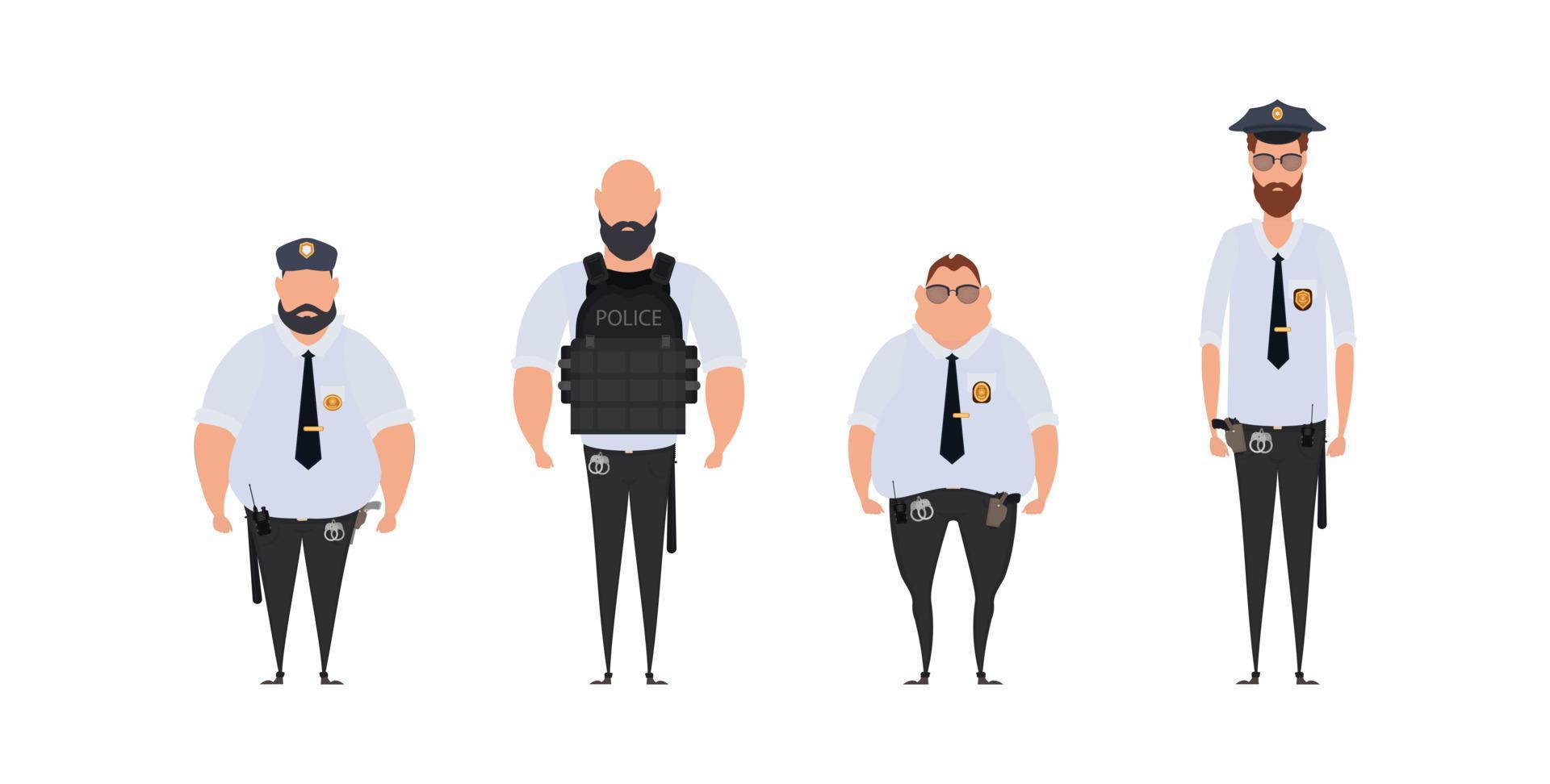 policial em uma pose de pé. policiais conjunto isolado no fundo branco. ilustração vetorial vetor