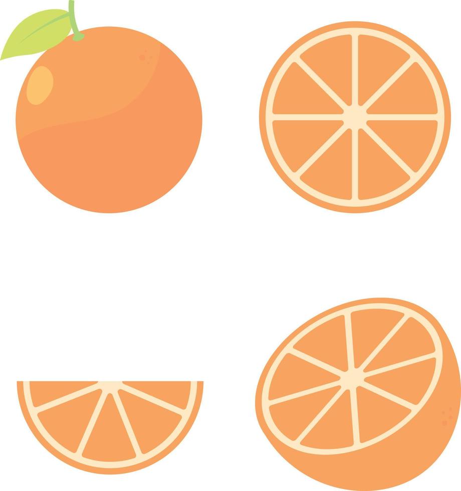 conjunto de design de ilustração plana de desenho animado de fruta laranja. fruta fresca inteira e meia laranja com folhas. frutas de verão para um estilo de vida saudável. vetor