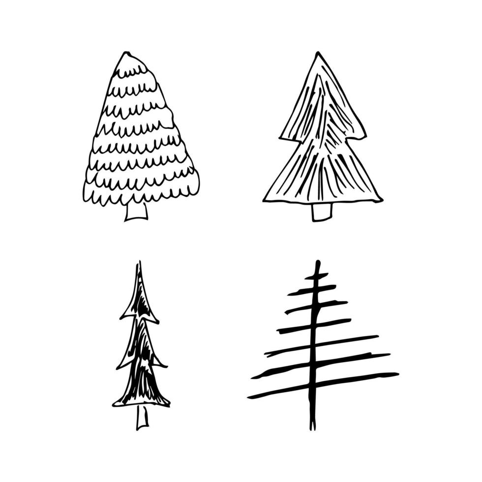 árvores de natal desenhadas à mão. conjunto de quatro ilustrações esboçadas monocromáticas de abetos. elementos de doodle de férias de inverno. ilustração vetorial vetor